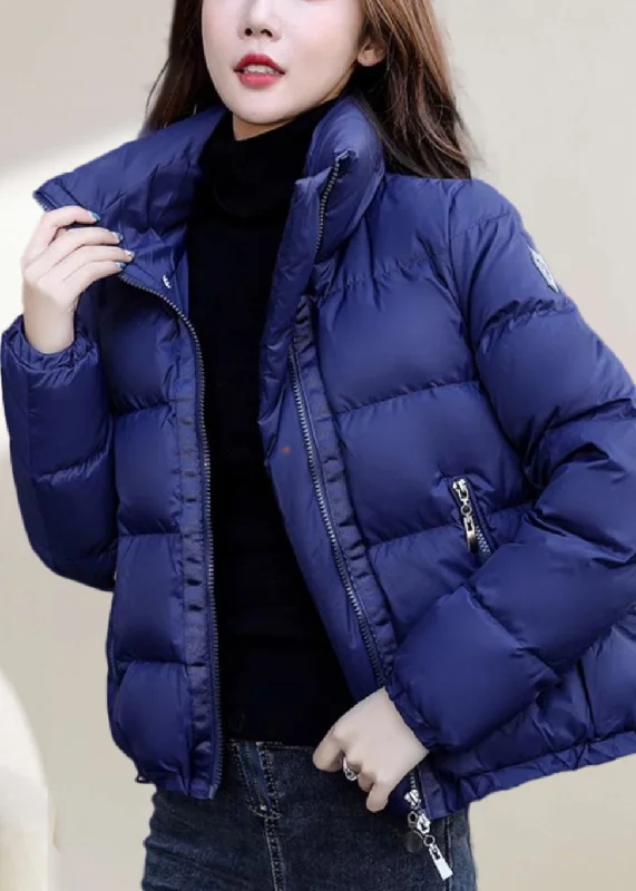 women's varsity bomber jacket -Simple Blue Stand Collar Zip Up Solid Down Coat Winter