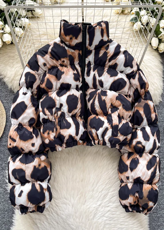 ladies' insulated ski jacket -Chic Coffee Leopard Stand Collar Zippered Parkaer Winter