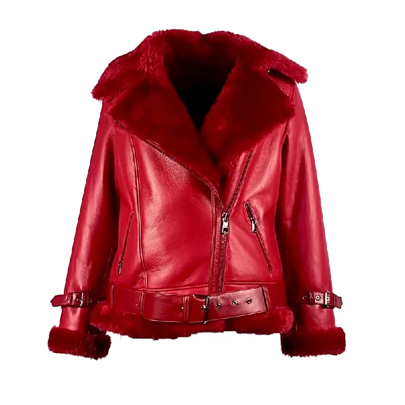 women's asymmetrical zip jacket -Pheonix Red Sheepskin Shearling Bomber Jacket