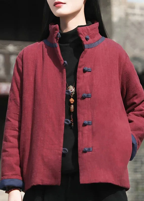 urban style cropped puffer jacket -Vintage Wine Red Stand Collar Button Cotton Filled Parkaer Winter