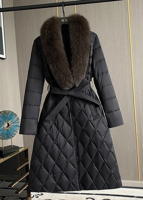 women's faux fur coat -Women Black Fox Collar Slim Fit Duck Down Puffers Jackets Winter