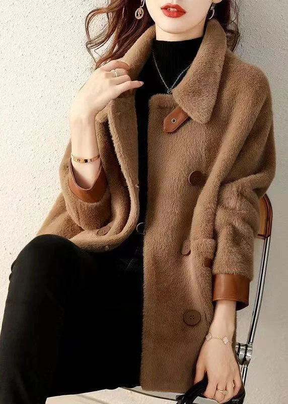 ladies' waterfall drape coat -Coffee Pockets Patchwork Faux Fur Coat Peter Pan Collar Button Fall