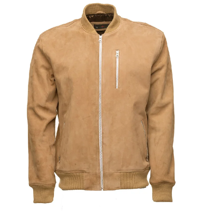 ladies' sporty windbreaker -Sandy Beige Suede Bomber leather jacket with ribbed cuffs