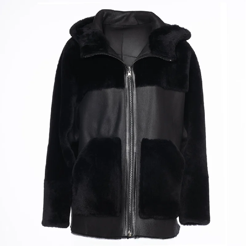 women's outdoor fleece jacket -Elena black Reversible shearling jacket