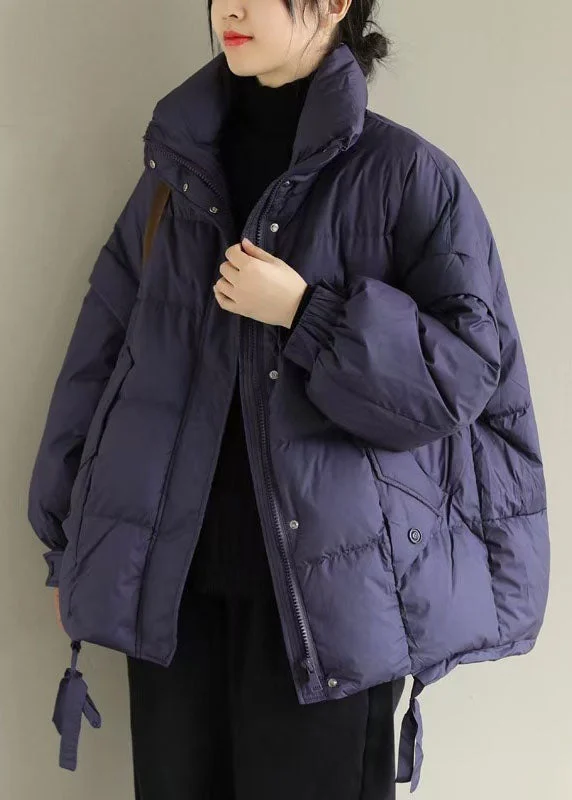 fashionable belted wool coat for women -Purple Casual Duck Down Winter Coats Zip Up Winter