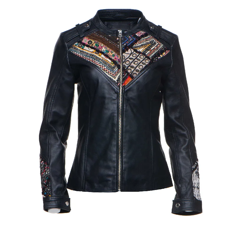 women's mid-length wool coat -Delilah’s Bohemian Chic Leather Jacket With Tribal Hand Embroidered Fabric