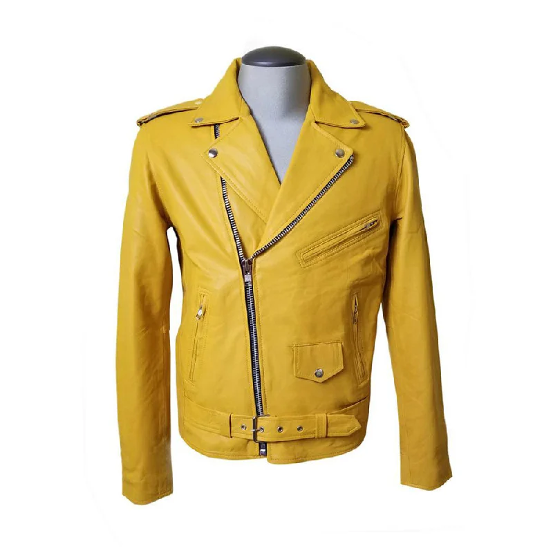 women's long trench coat -Olson's yellow biker style leather jacket with waist belt