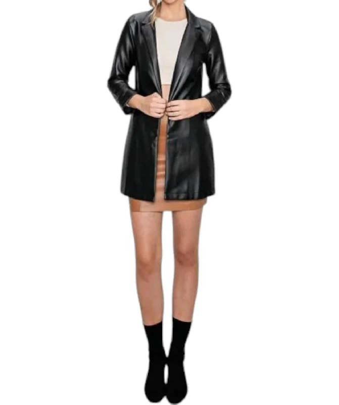 professional work blazer for women -Pleather Oversized Blazer Jacket In Black