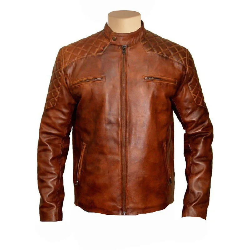 casual zip-up hoodie jacket for women -Vintage Tan cafe racer leather jacket with quilted patches