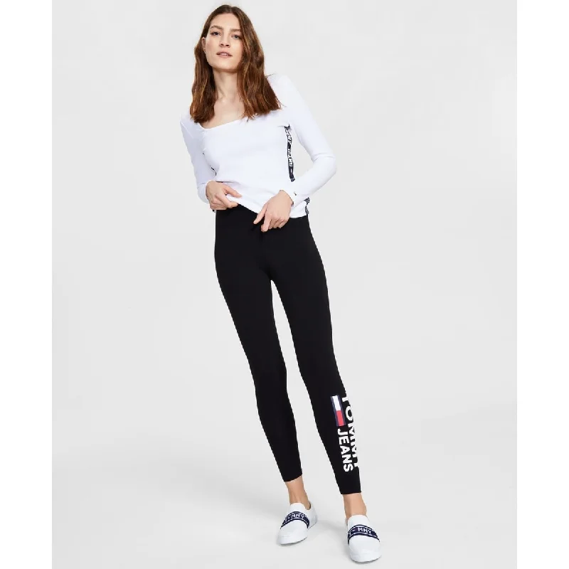 chic cropped ankle jeans for ladies -Tommy Jeans Women's Side Logo Print Leggings Black Size Small