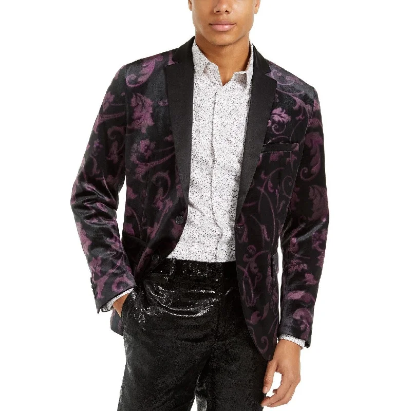 women's double-breasted coat -INC International Concepts Men's Slim-Fit Velvet Floral Blazer Black Combo Size Medium