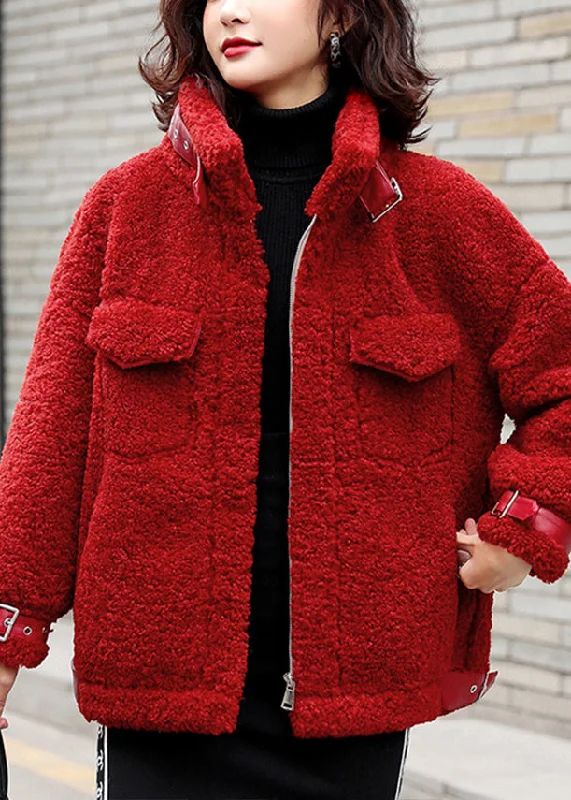 cozy teddy coat for ladies -Loose Red Zippered Solid Patchwork Teddy Faux Fur Coat Winter