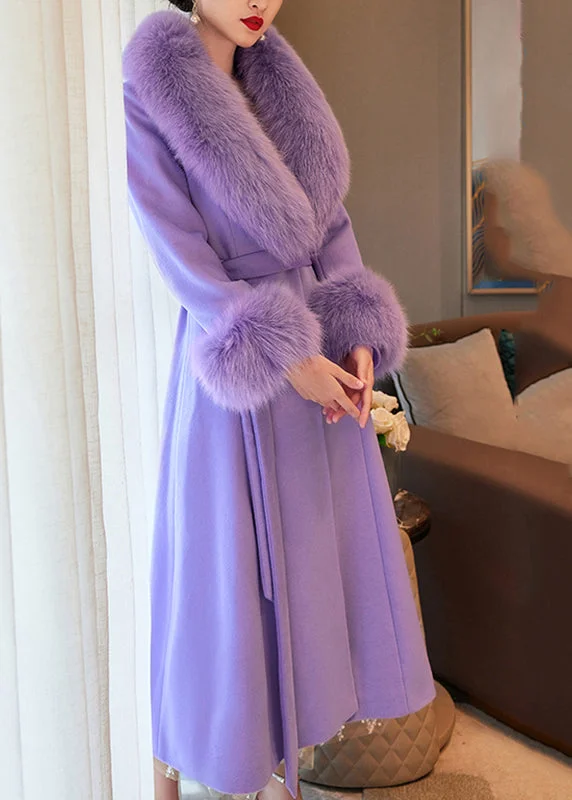 ladies' long hooded winter coat -Boho Purple Fur Collar Pockets Tie Waist Wool Maxi Coats Winter