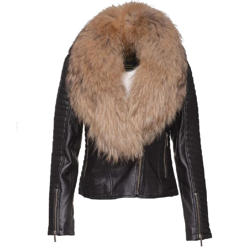 versatile trench coat for ladies -Luciana's Fur Shawl leather jacket with ribbed sleeve detailing