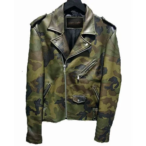 fitted wool blend coat for women -Classic Biker Camouflage military print leather jacket