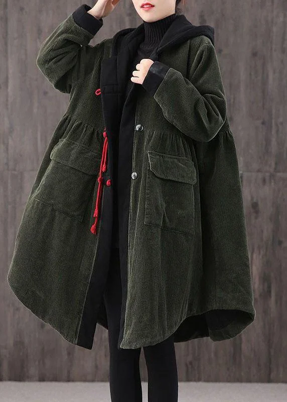 versatile trench coat for ladies -Women Tea Green hooded Button Pockets Patchwork Winter Cotton Parka Long sleeve Coat