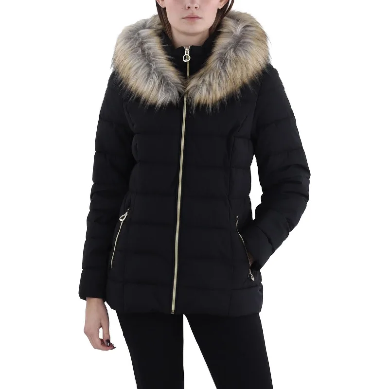 ladies' puffer jacket -Womens Faux Fur Trim Hooded Puffer Jacket