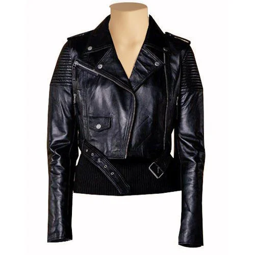 cozy teddy coat for ladies -Martyna’s Black Crop Biker Leather Jacket With Waist Belt