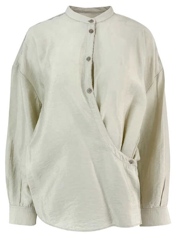 women's silky satin blouse -CLOSED Modal Blend Wrap Blouse in Beige