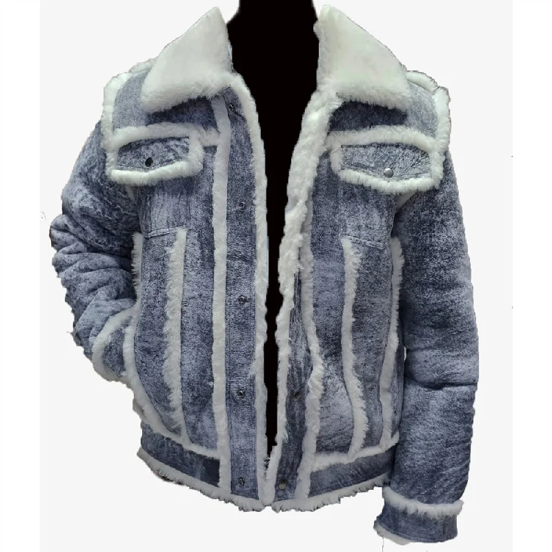 urban style cropped puffer jacket -Aiden's Distressed Grey Shearling Trucker Jacket