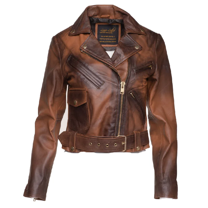 double-layered long coat for women -Tracy's shaded brown crop biker leather jacket with waist belt