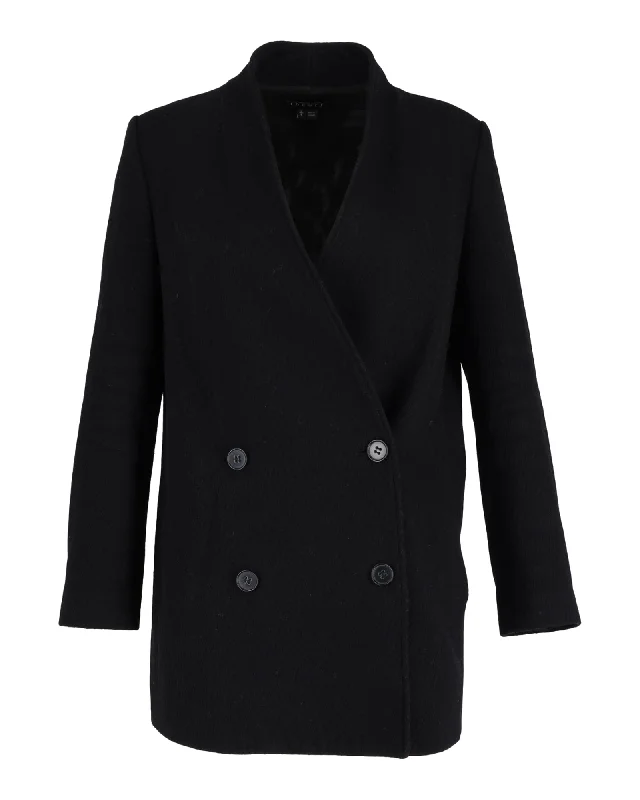 fitted wool blend coat for women -Theory Double-Breasted Collarless Blazer in Black Wool