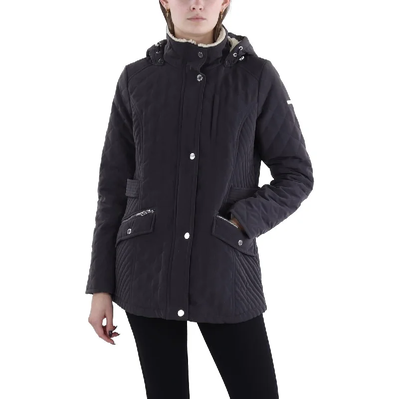 women's double-breasted coat -Womens Faux Fur Hooded Quilted Coat