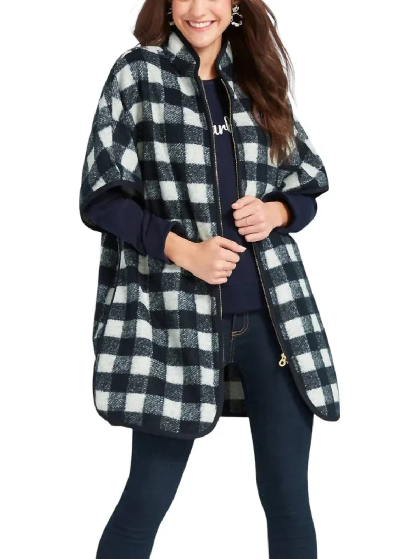 fashionable metallic puffer jacket for women -Buffalo Check Cape Coat In Nassau Navy Multi