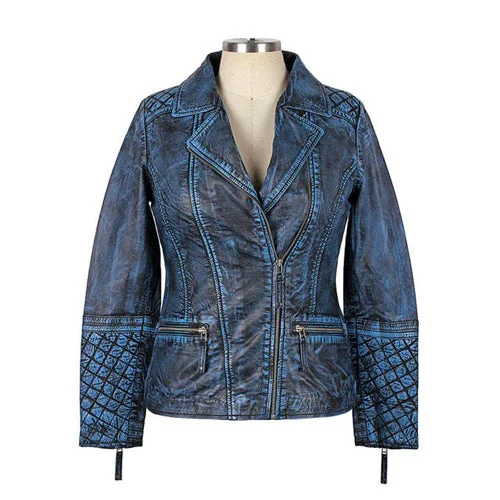 stylish fleece-lined coat for women -Women’s Falcon Leather Jacket With Denim Effect