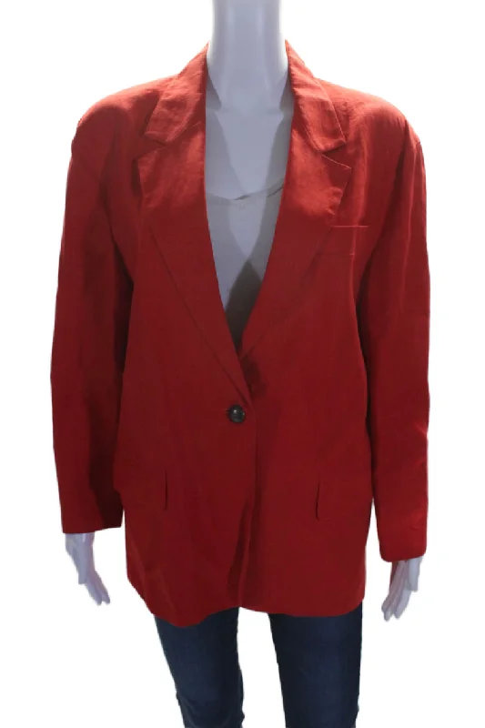 cozy oversized wrap coat for women -Max Mara Womens Linen Long Sleeves Single Button Blazer Jacket Red