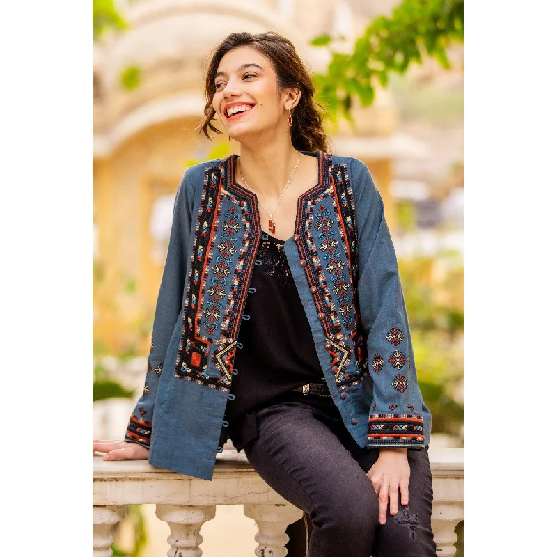 waterproof hiking jacket for women -Novica Handmade City Palace Embroidered Cotton Jacket