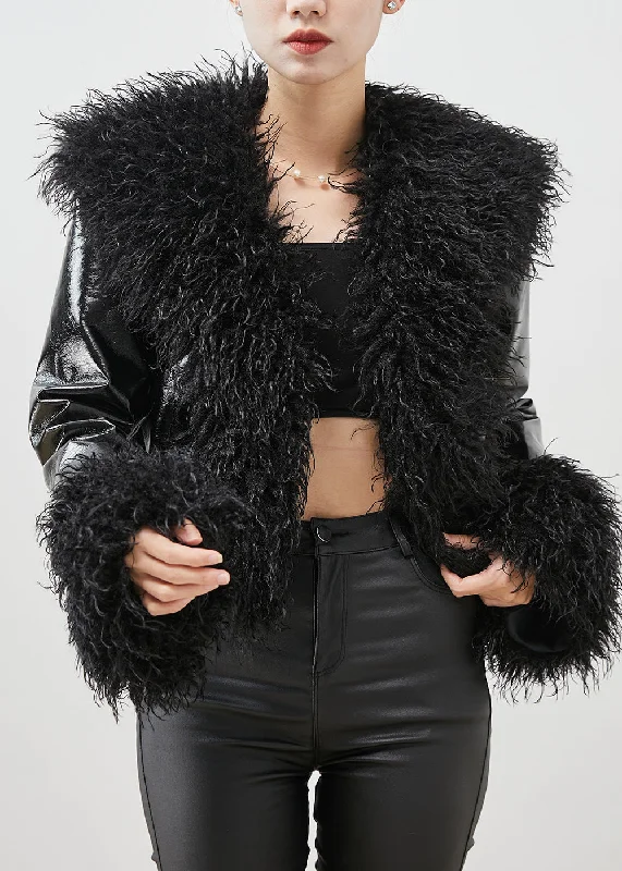 cropped wool blazer for women -Bohemian Black Fur Collar Patchwork Faux Leather Coat Winter