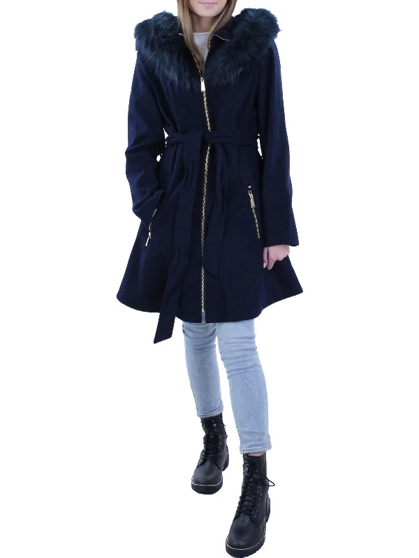 ladies' quilted coat -Womens Faux Fur Midi Wool Coat