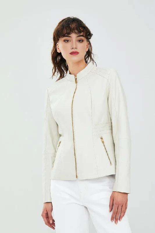 women's asymmetrical zip jacket -Diana White Sheepskin Leather Jacket For Women's