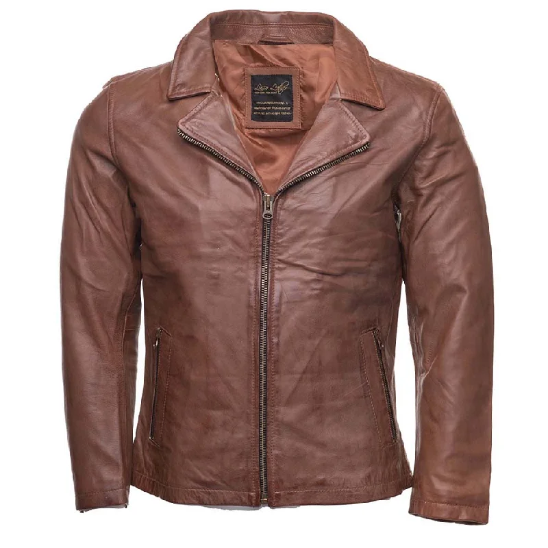 urban style cropped puffer jacket -Liam Jackson dark cognac Leather Jacket