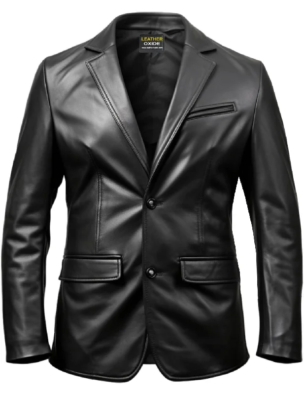 zip-up casual anorak jacket for women -Two Button Men Black Leather Blazer - Leather Blazer for Men