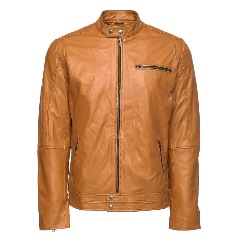 women's teddy bear coat -Arthur camel café racer leather jacket