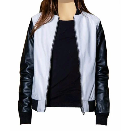 women's elegant cape coat -Enya’s Black and White Collarless Leather Jacket