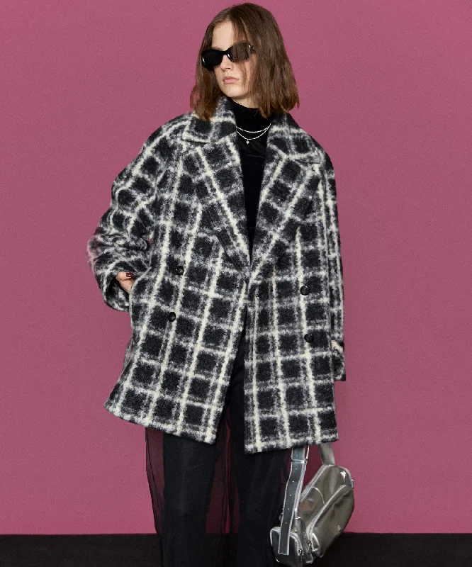 women's outdoor fleece jacket -Checkered Over Silhouette Middle Coat