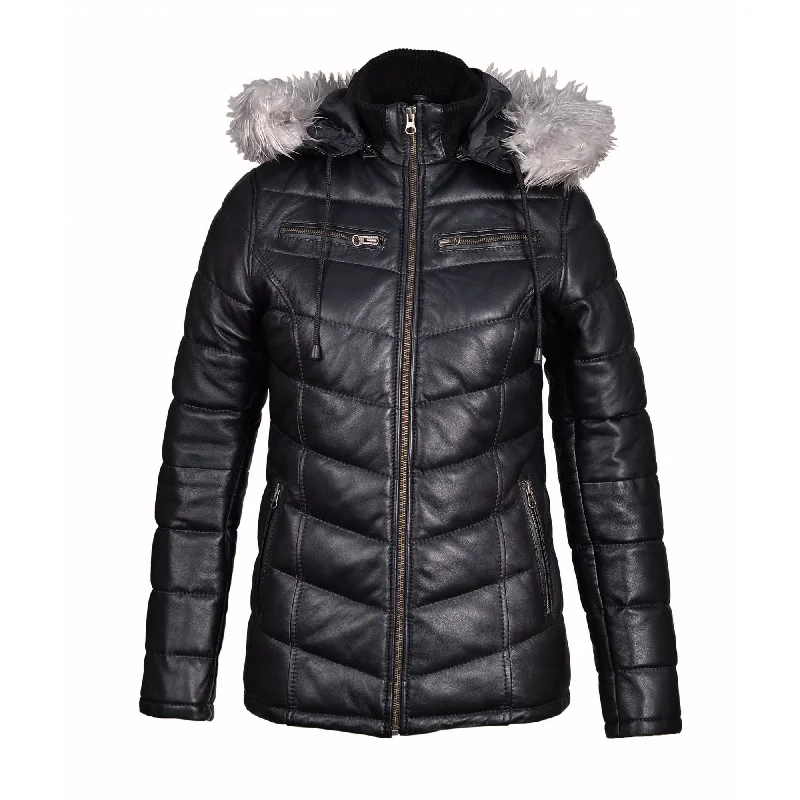 classic camel coat for ladies -Snow’s Winter Puffer Leather Jacket With Fur Trimmed Hoodie