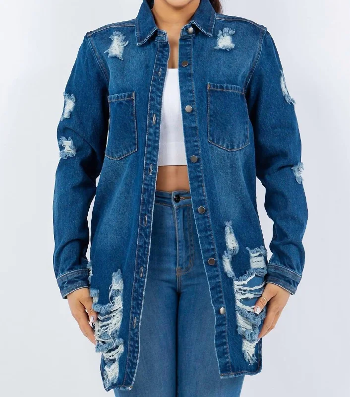 women's varsity bomber jacket -Distressed Button Up Long Sleeve Denim Jacket In Blue