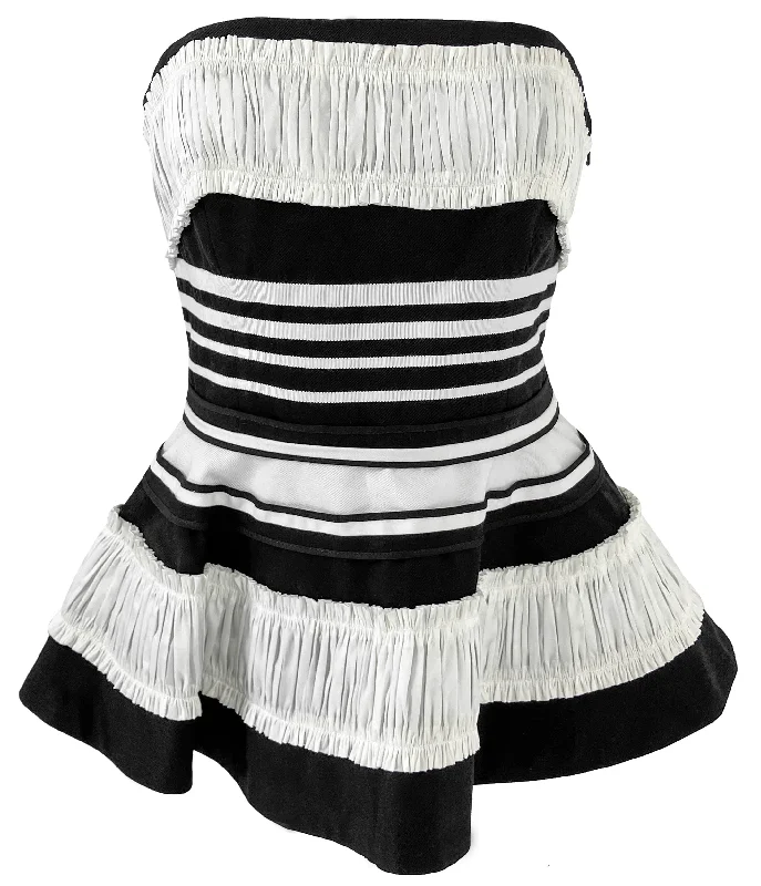 ladies' ruched front blouse -Christopher John Rogers Crushed Ruffle Strapless Peplum Top in Black & White