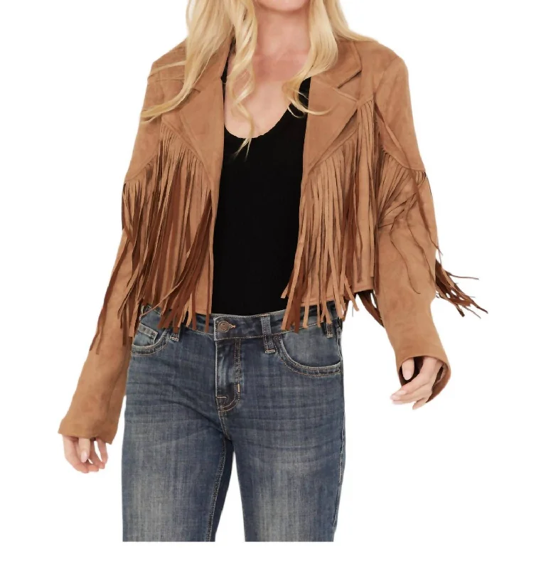 women's faux fur-lined parka -Faux Suede Jacket W/ Fringe Back Detail In Tan