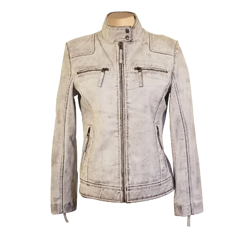 women's reversible coat -Burnished Ivory Leather Jacket With Band Collar