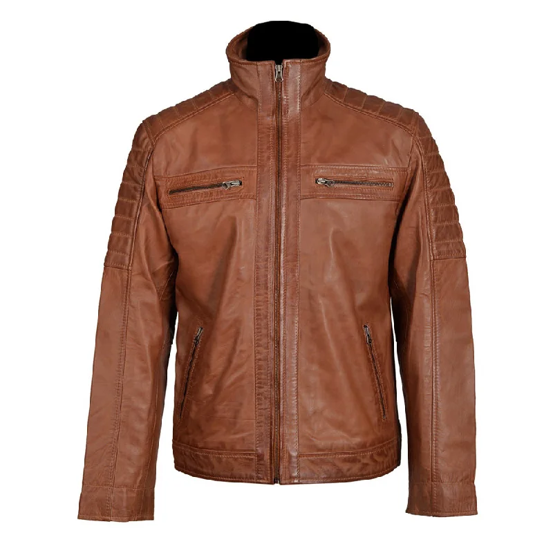 women's winter coat -Bogdans brown leather jacket with shoulder and arm patches