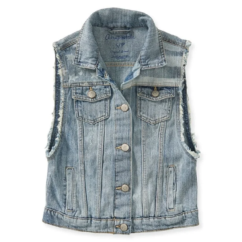 women's relaxed fit blazer -Aeropostale Womens Americana Denim Vest, Blue, X-Small