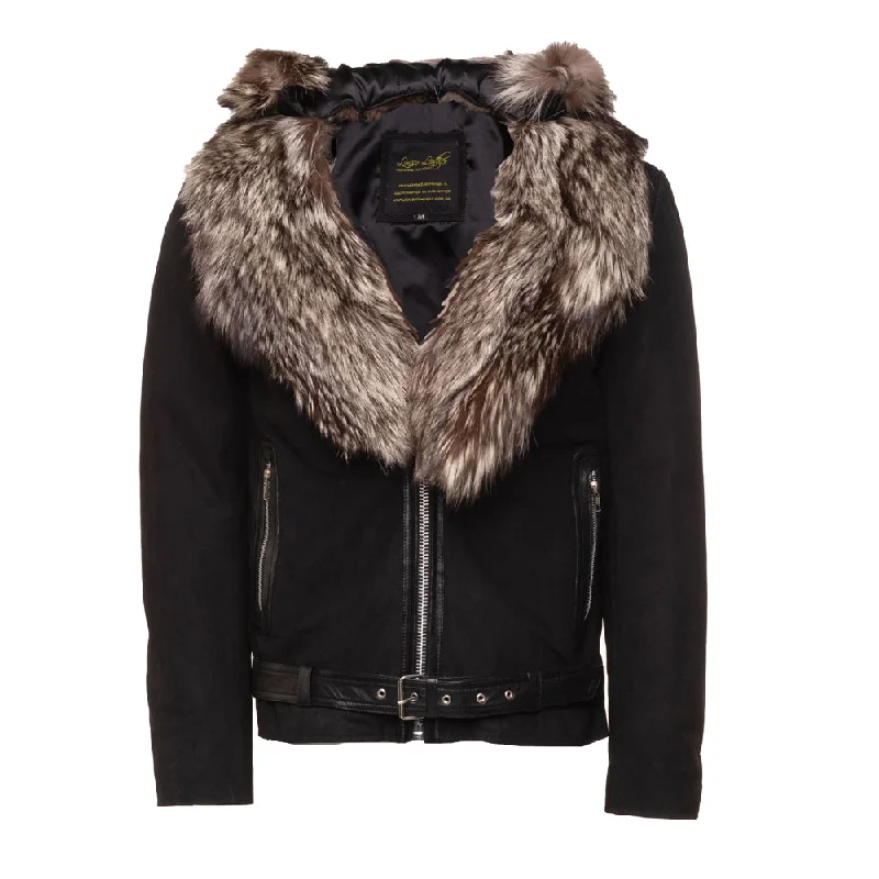 casual oversized shacket for women -Allen Black Nubuck  Leather jacket with Real Fox Fur on collar and hoodie