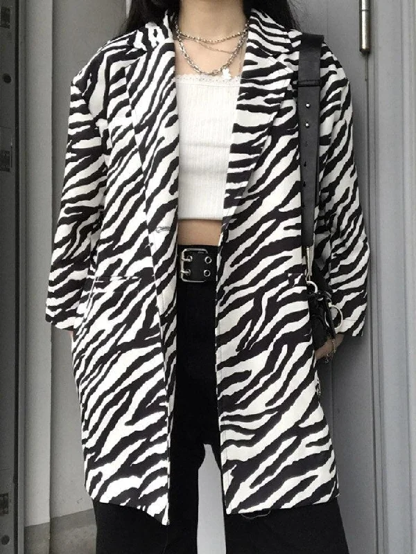 warm padded coat for women -Zebra Print Long Blazer