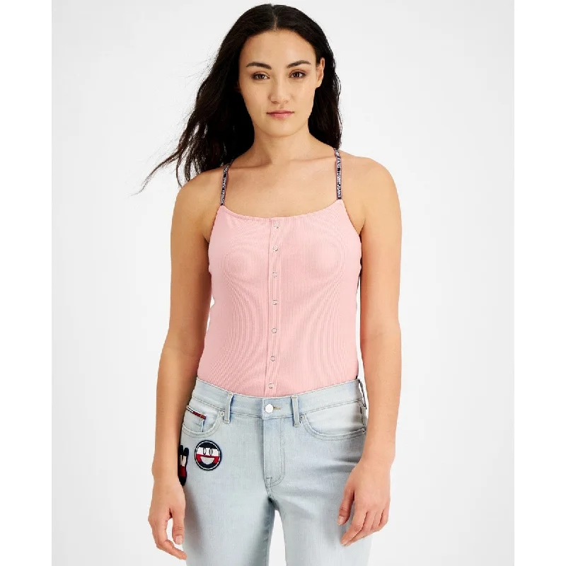 vintage-inspired wide jeans for ladies -Tommy Jeans Women's Ribbed Spaghetti Strap Bodysuit Pink Size X-Small - XS