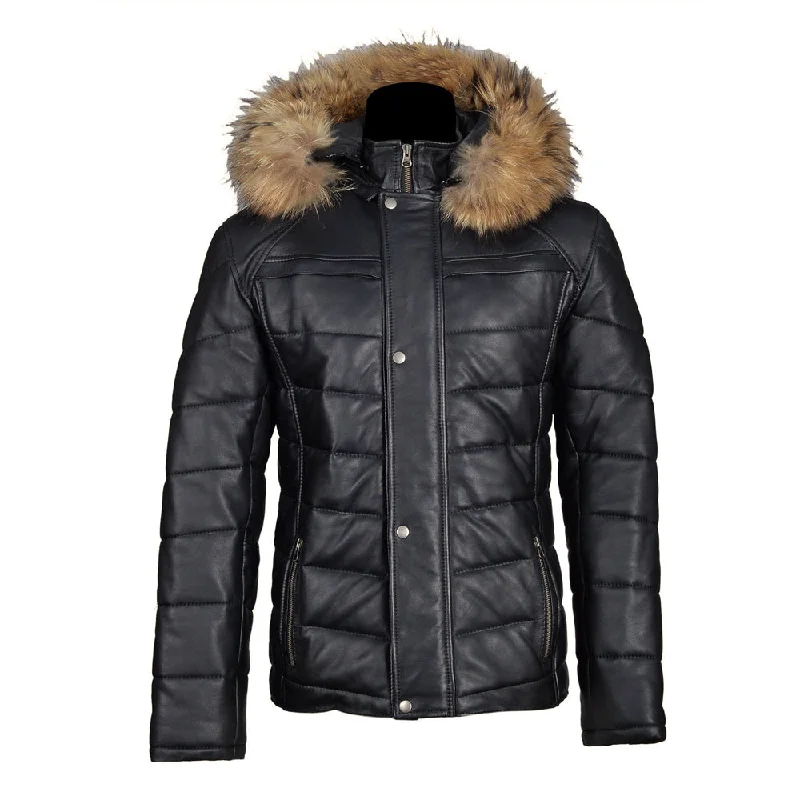 women's waterproof raincoat -Rossi's polyfill winter leather jacket with fur on hoodie